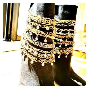 Black, suede ankle booties w/ gold accents